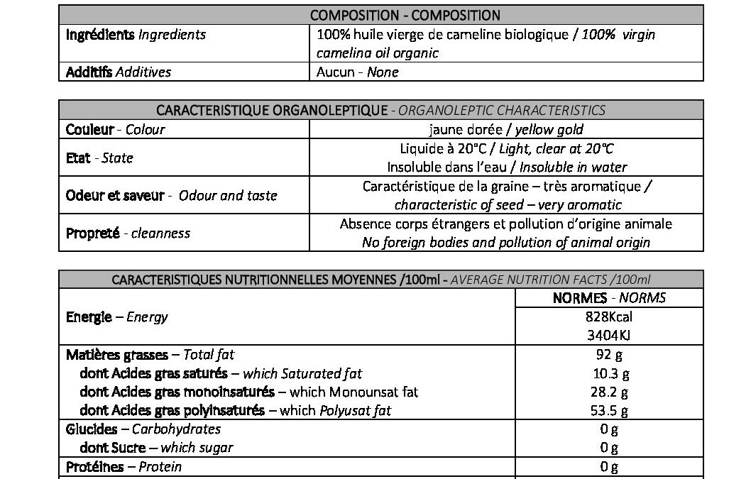 SP FT 129 C Huile vierge de cameline biologique 1ere pression à