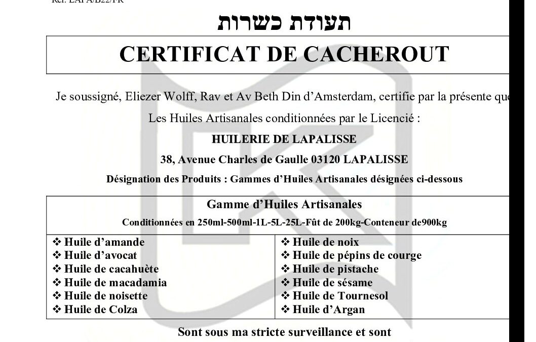 Certificat Kasher Lapalisse B 2022 Fr - Huilerie De Lapalisse